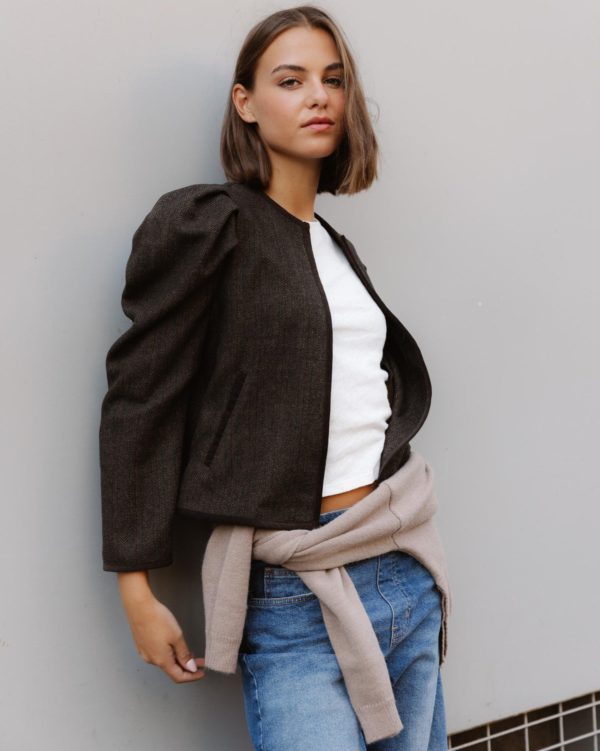 Chaqueta Manga Abullonada Espiga Marrón