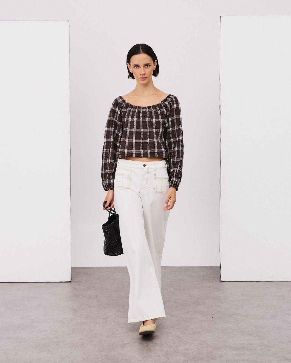 Blusa Escote Barco Cuadros Marrón