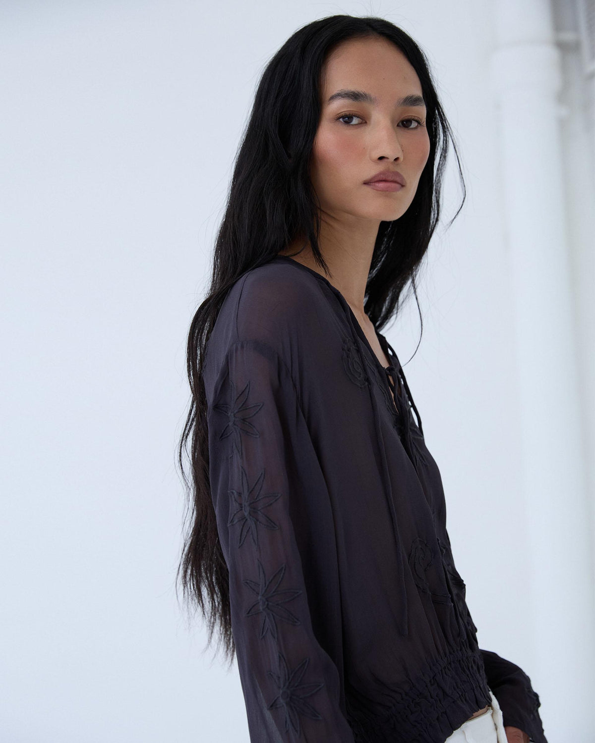 Anthracite Embroidered Blouse with Elasticated Hem