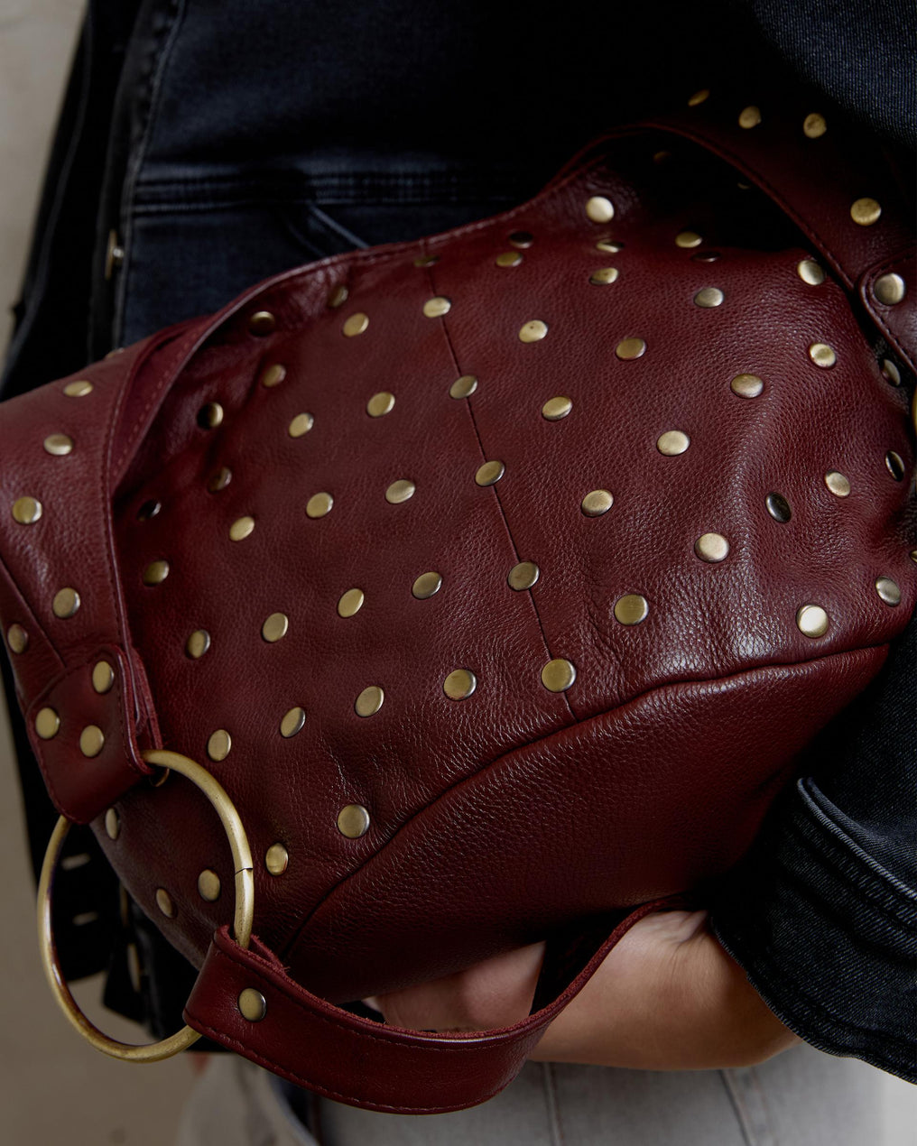 Burgundy Studded Bucket Leather Bag