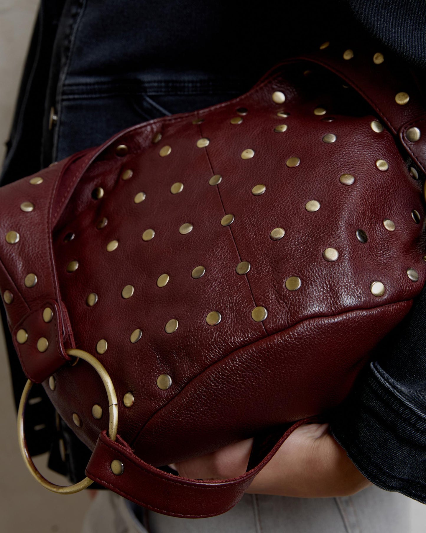 Burgundy Studded Bucket Leather Bag
