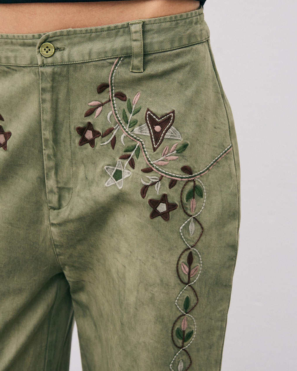 Pantalón Bordados Florales Verde