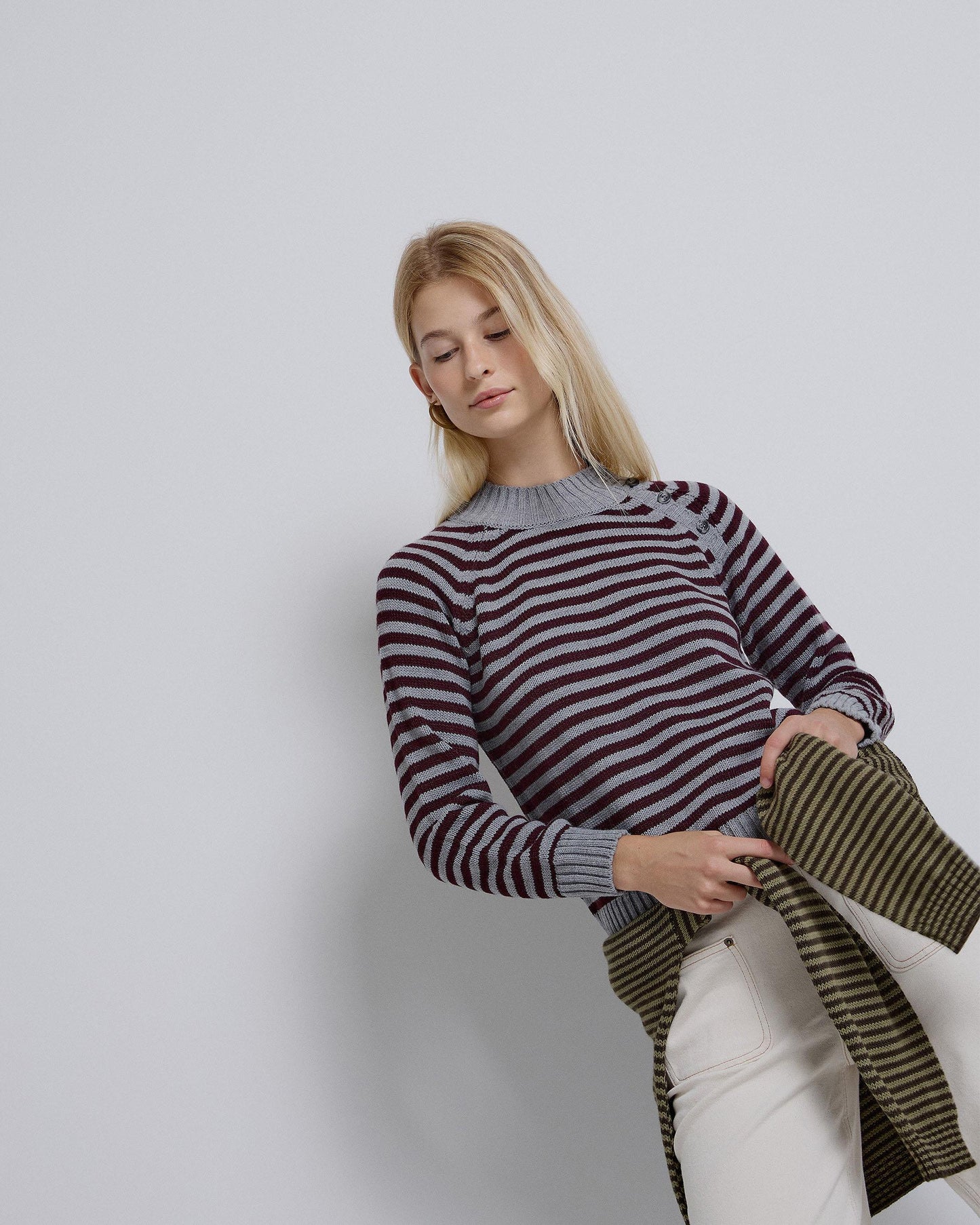Jersey Manga Ranglán Botones Rayas Berenjena
