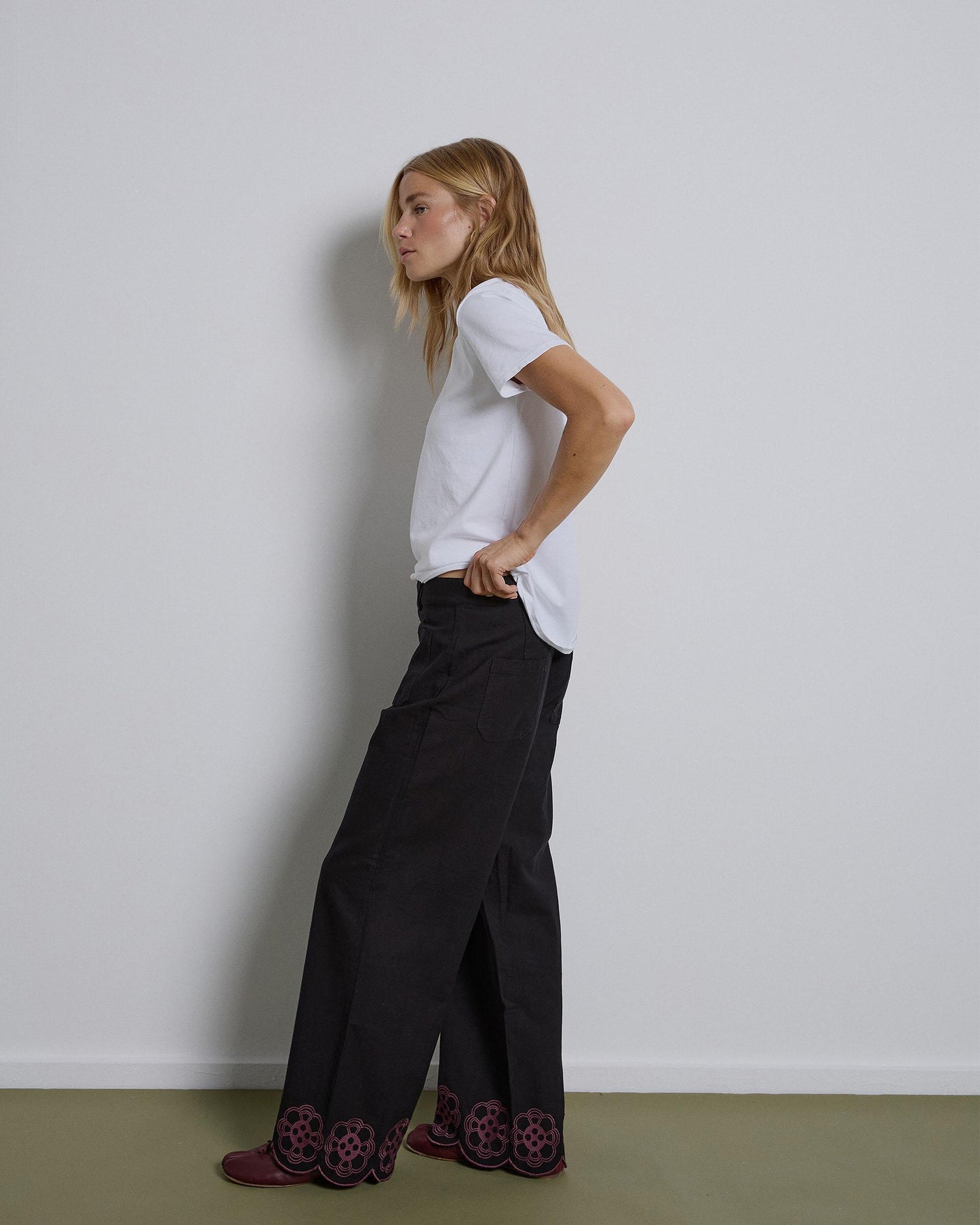 Black Flower Embroidered Pants