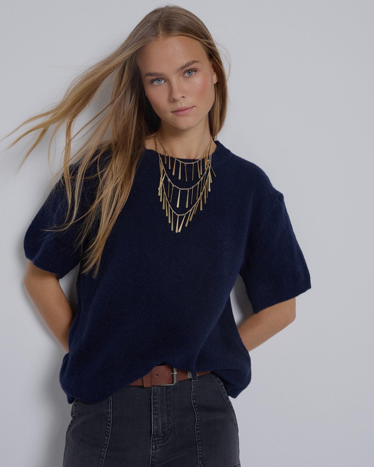 Camisola de malha de manga curta azul-marinho