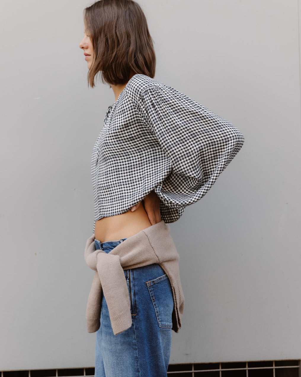 Black Check Tie-Front Blouse