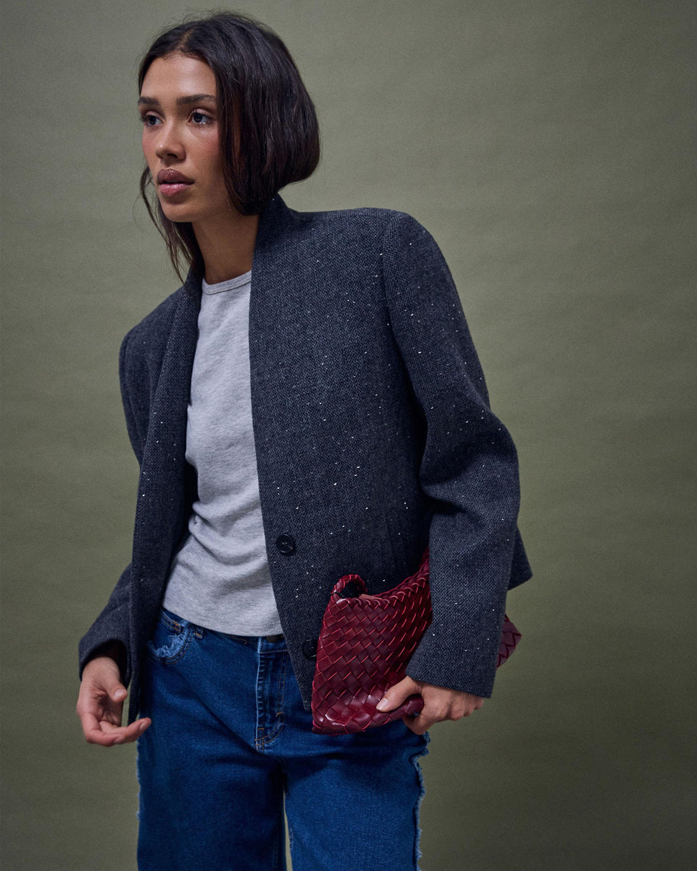 Chaqueta Cuello Subido Lentejuelas Con Lana Gris