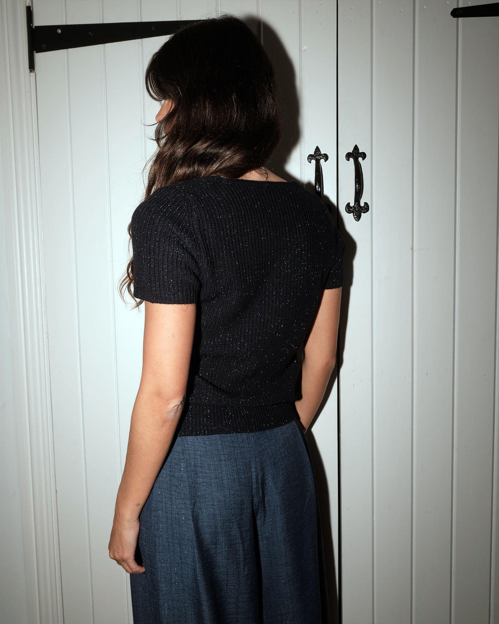 Navy Blue Lurex Square Neck Knit Top