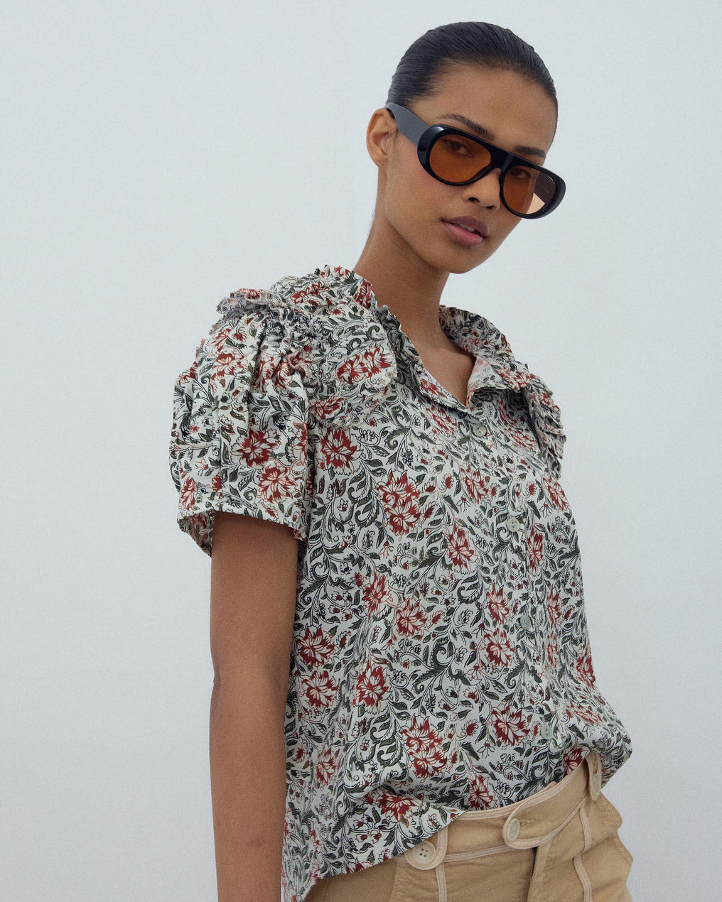 Puff Sleeve Ruffle Printed Multicolor Blouse