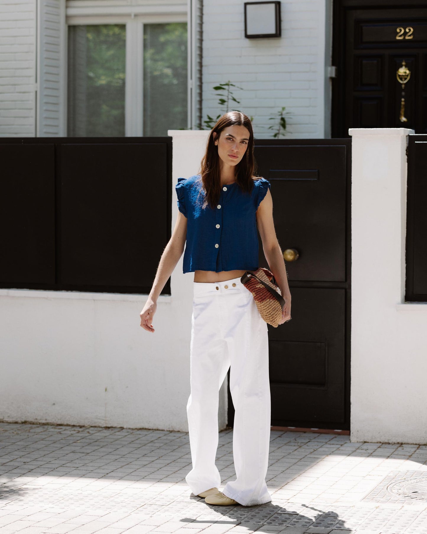 Jeans Cós Peça Botões Branco