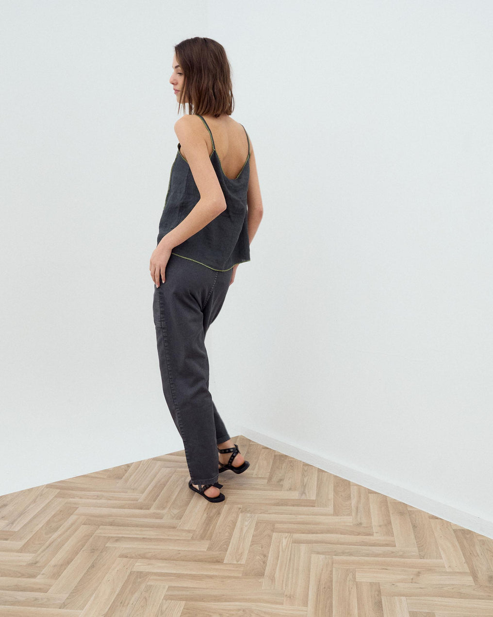 Anthracite Contrast Stitching Linen Camisole