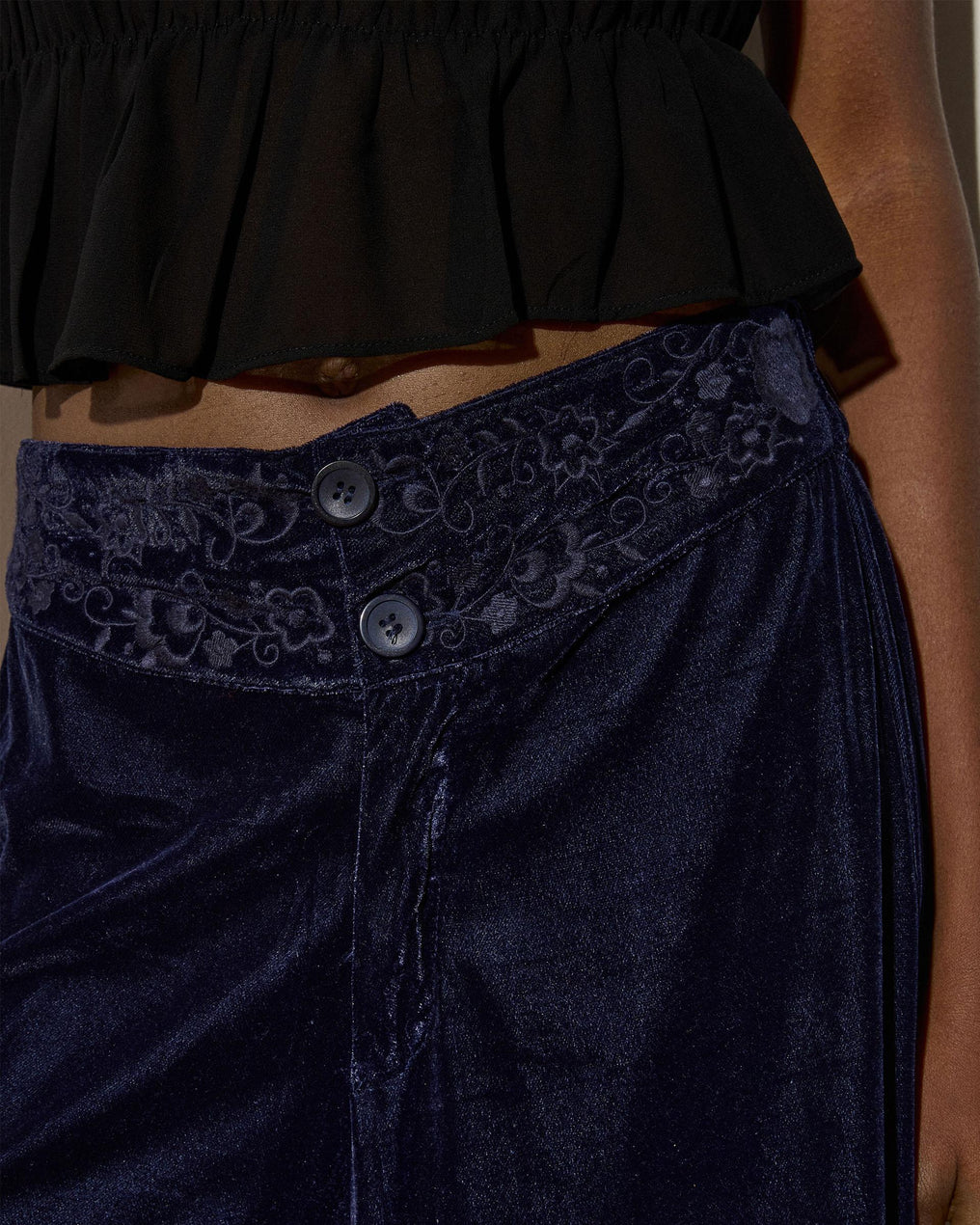 Velvet Embroidered Waistband Trousers Navy Blue