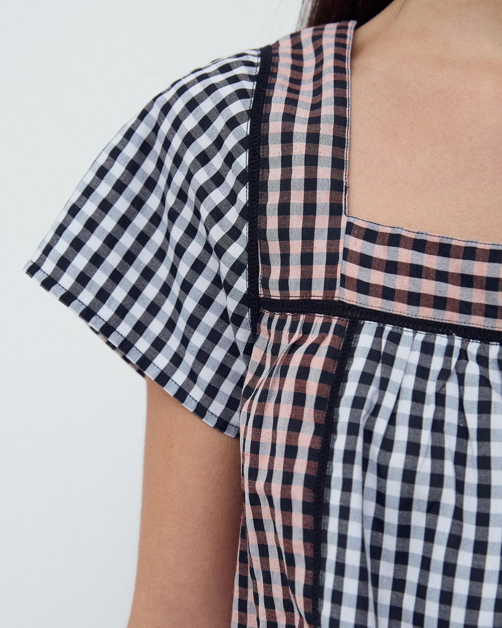 Gingham Blouse with Black Contrast