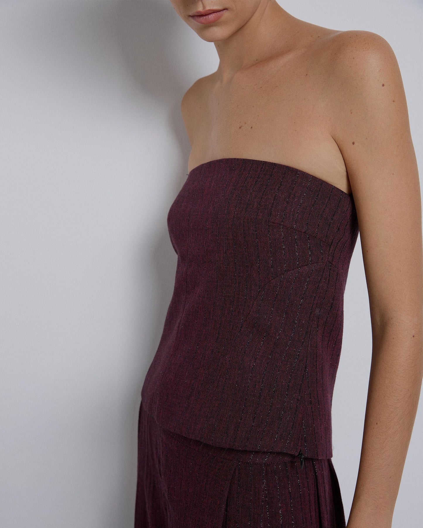 Top Sin Tirantes Tejido Rayas Lurex Burdeos