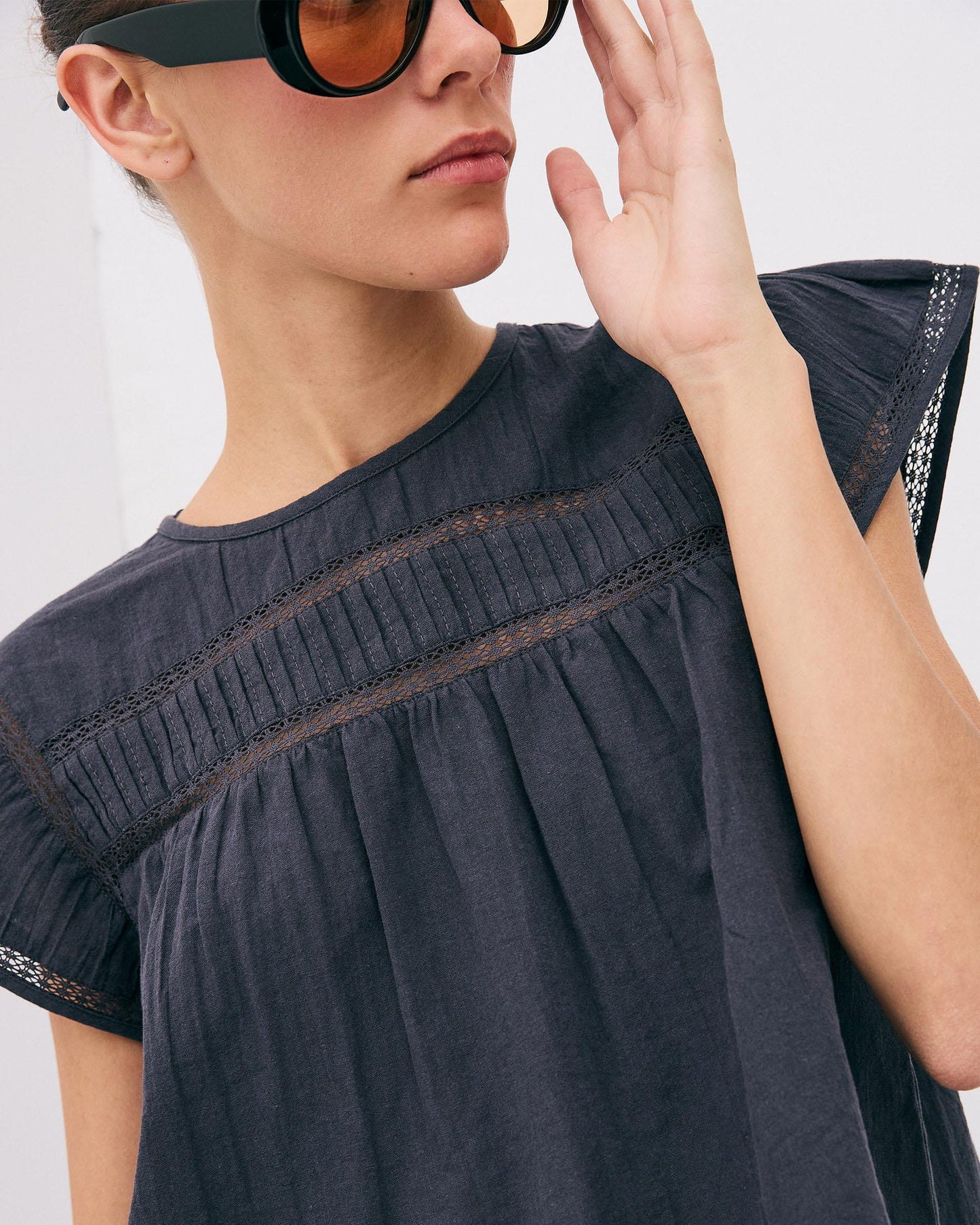 Blouse Manches Courtes Dentelle Avant Anthracite
