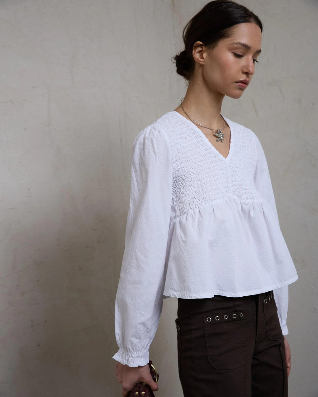 Blusa Escote Nido De Abeja Blanca