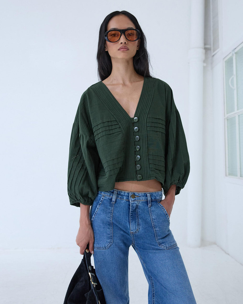 Blusa Pliegues Verde Oscuro