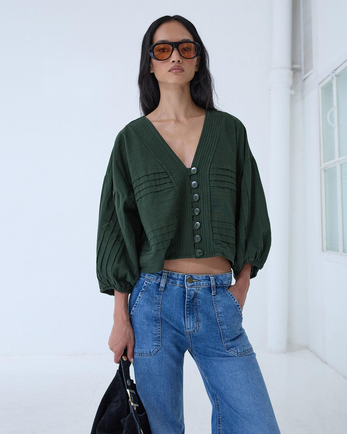Blusa Pliegues Verde Oscuro
