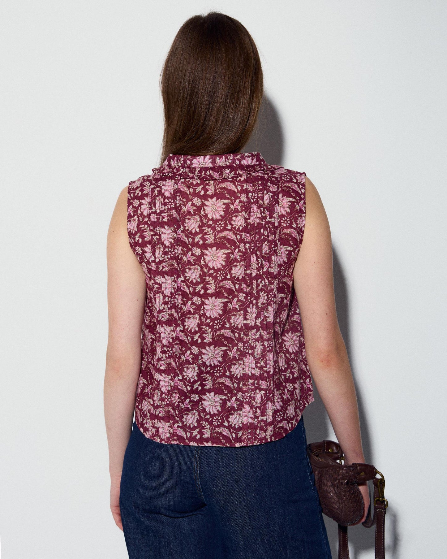 Blouse sans Manches Plastron Imprimé Floral Grenat