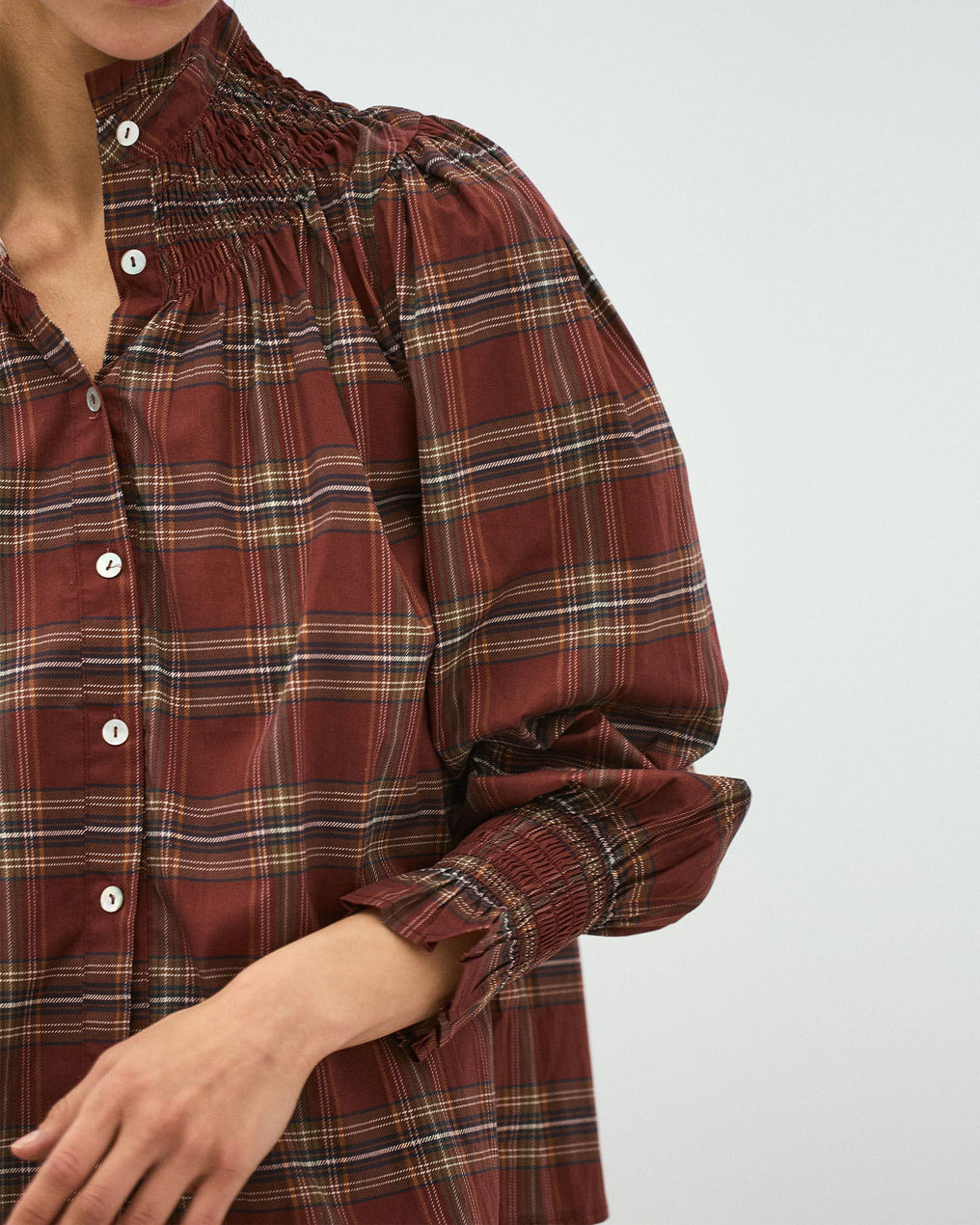 Honeycomb Blouse with Burgundy Checkered Collar