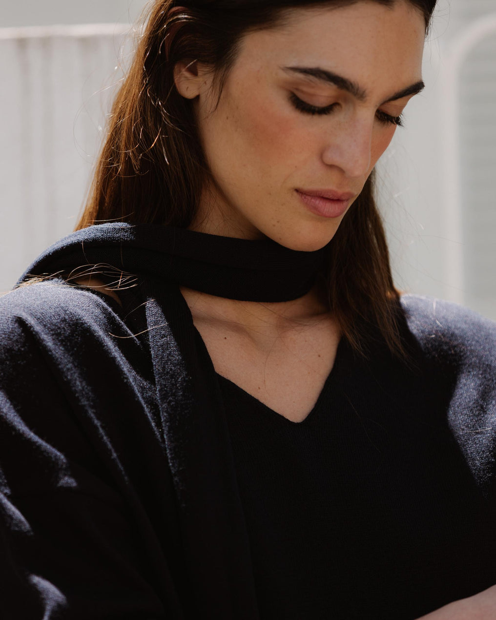 Fine Knit Sweater and Navy Blue Scarf