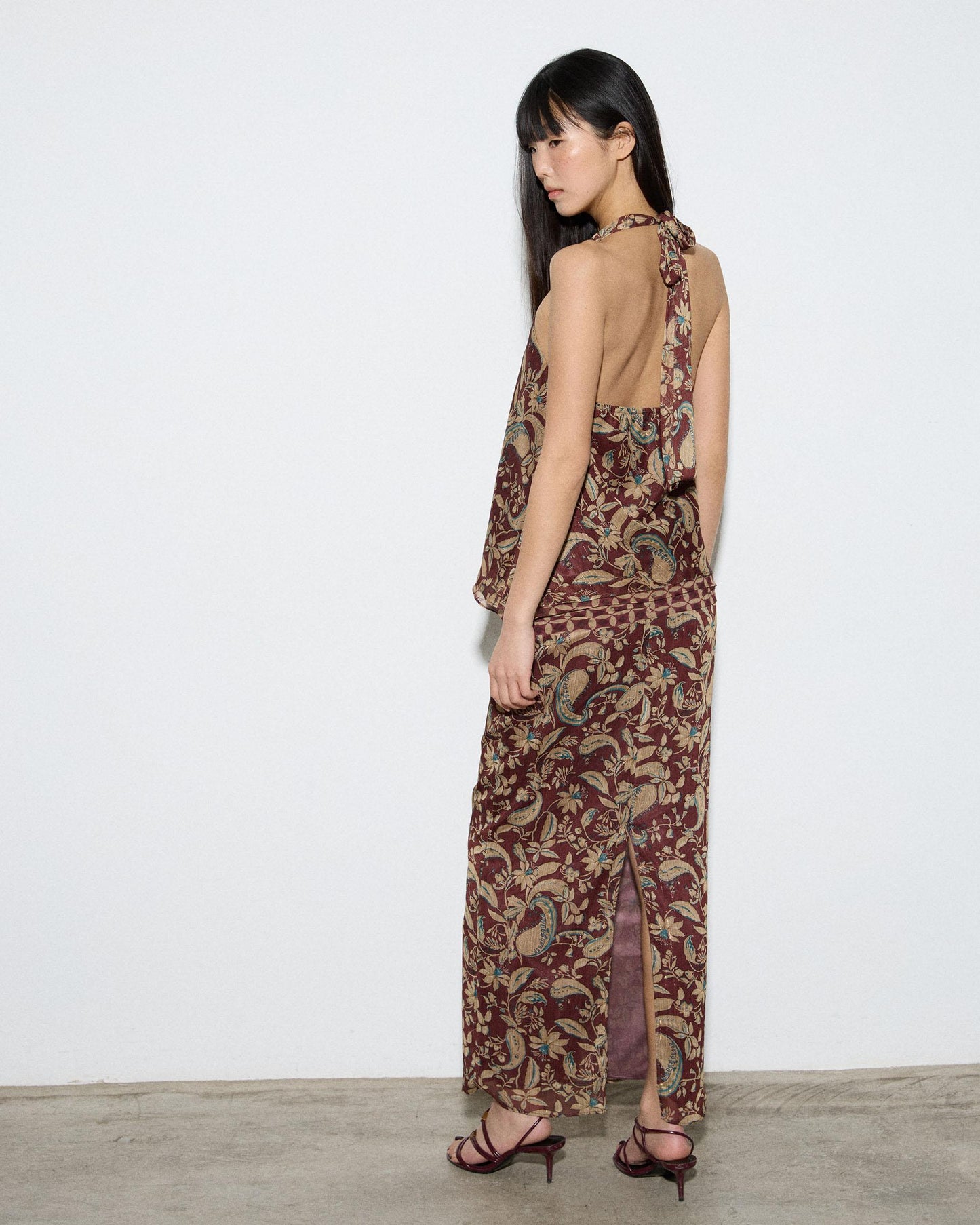 Top Pontas Estampado Floral E Geométrico Castanho