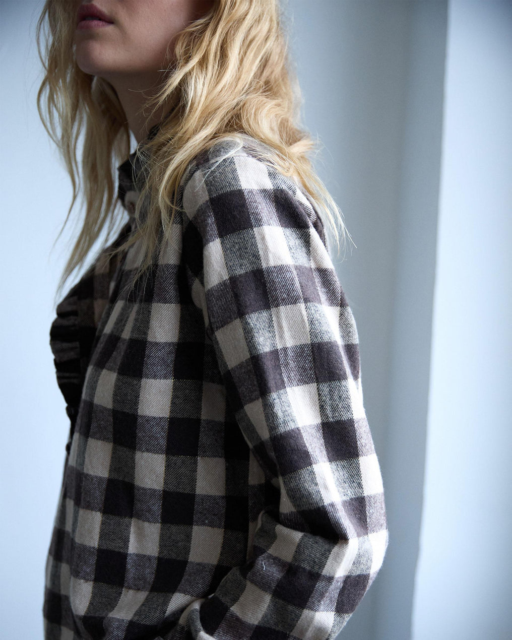 Brown Gingham Blouse with Ruffle