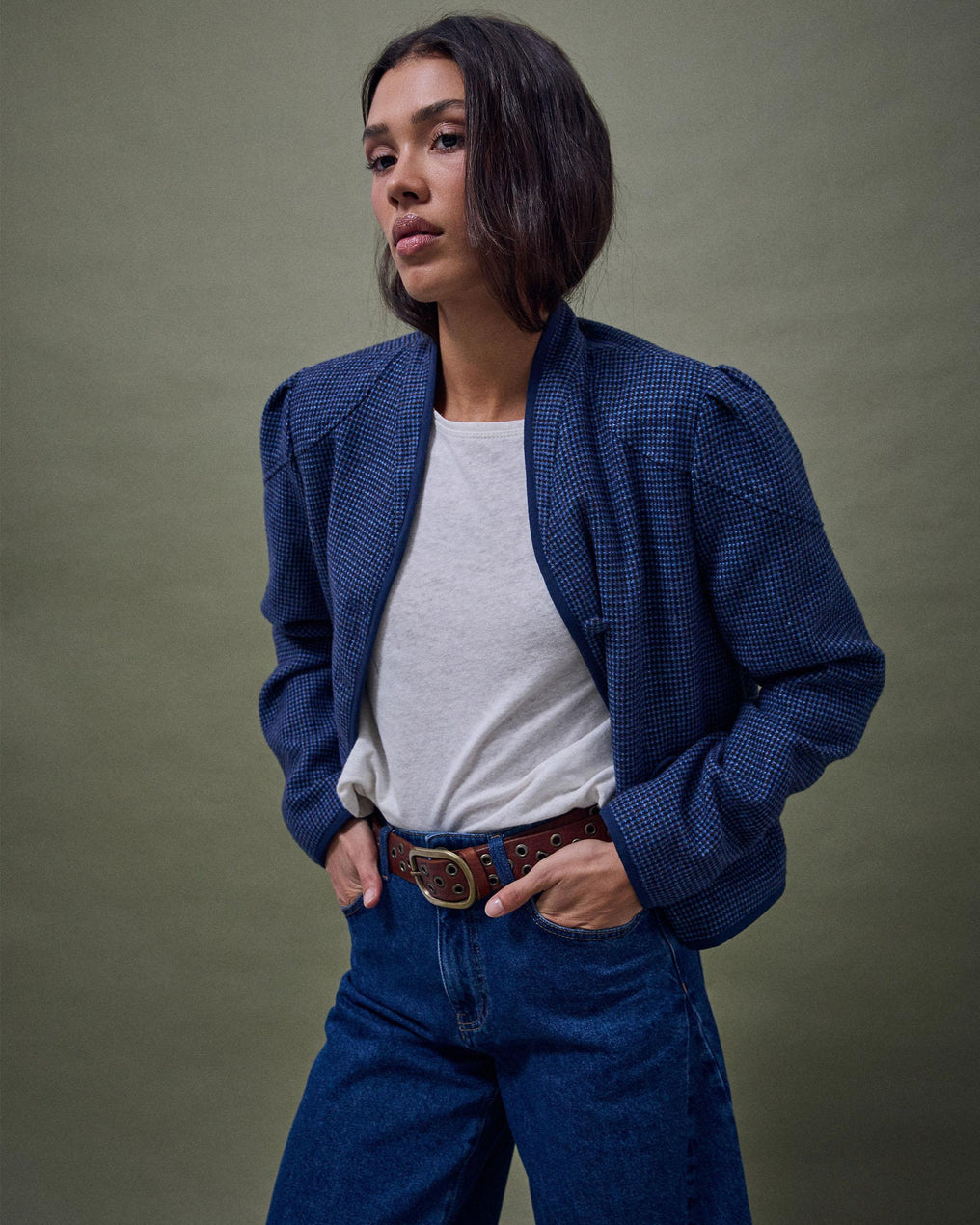 Chaqueta Ribete Contraste Mezcla Lana Azul