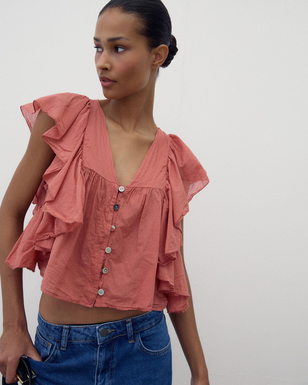Blusa Botones Volantes Teja