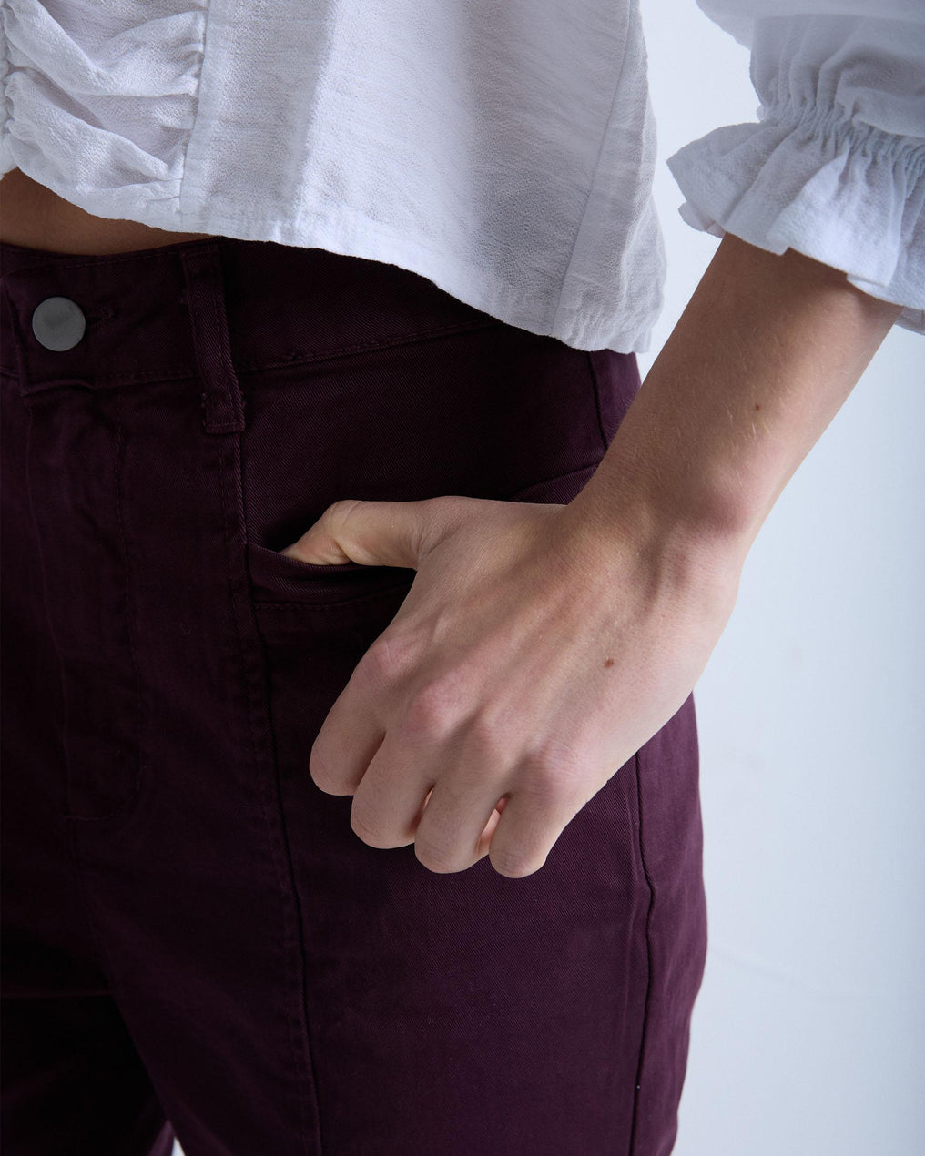 Jeans with Button Stitching and Burgundy Hem