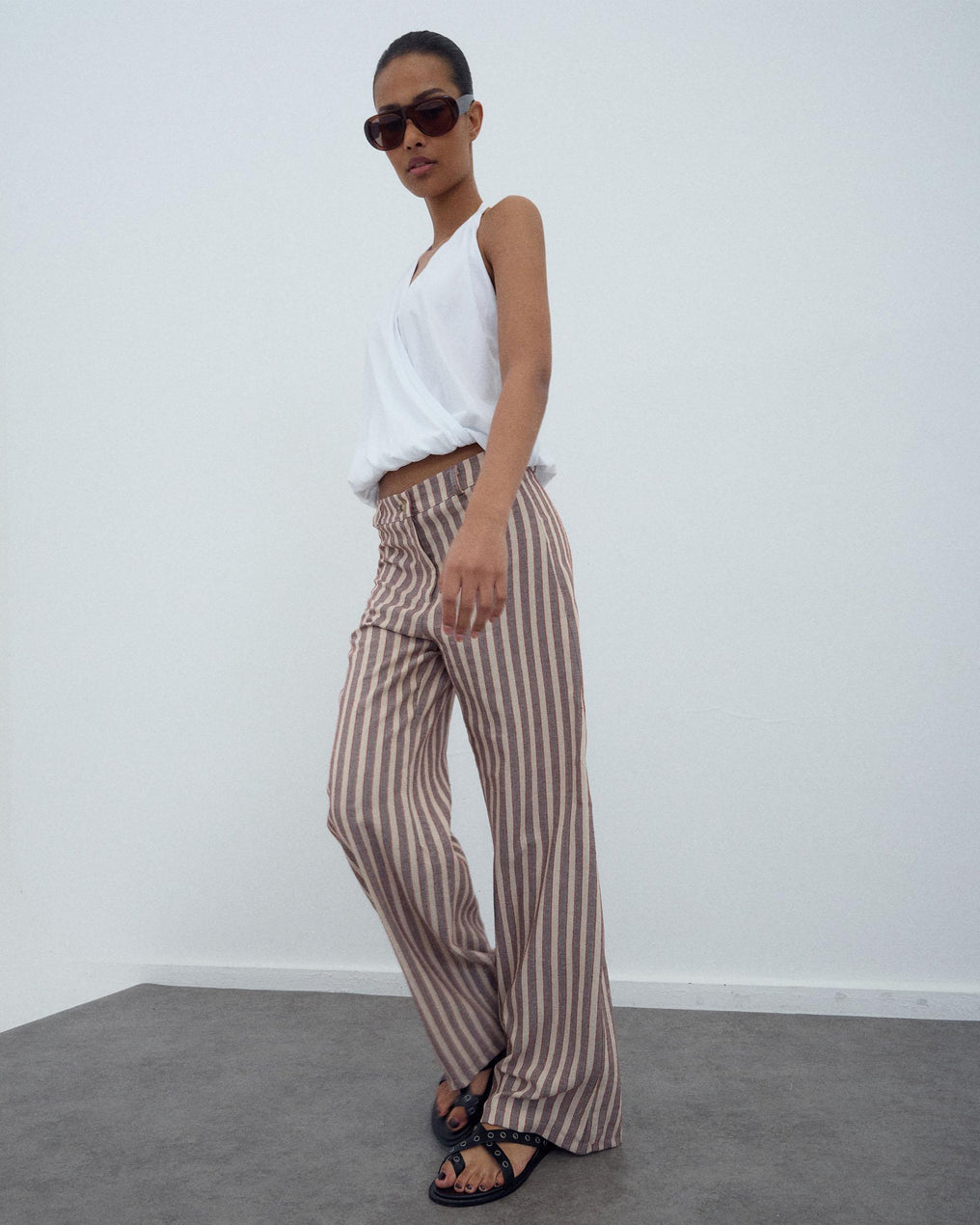 Brown Striped Flowy Trousers