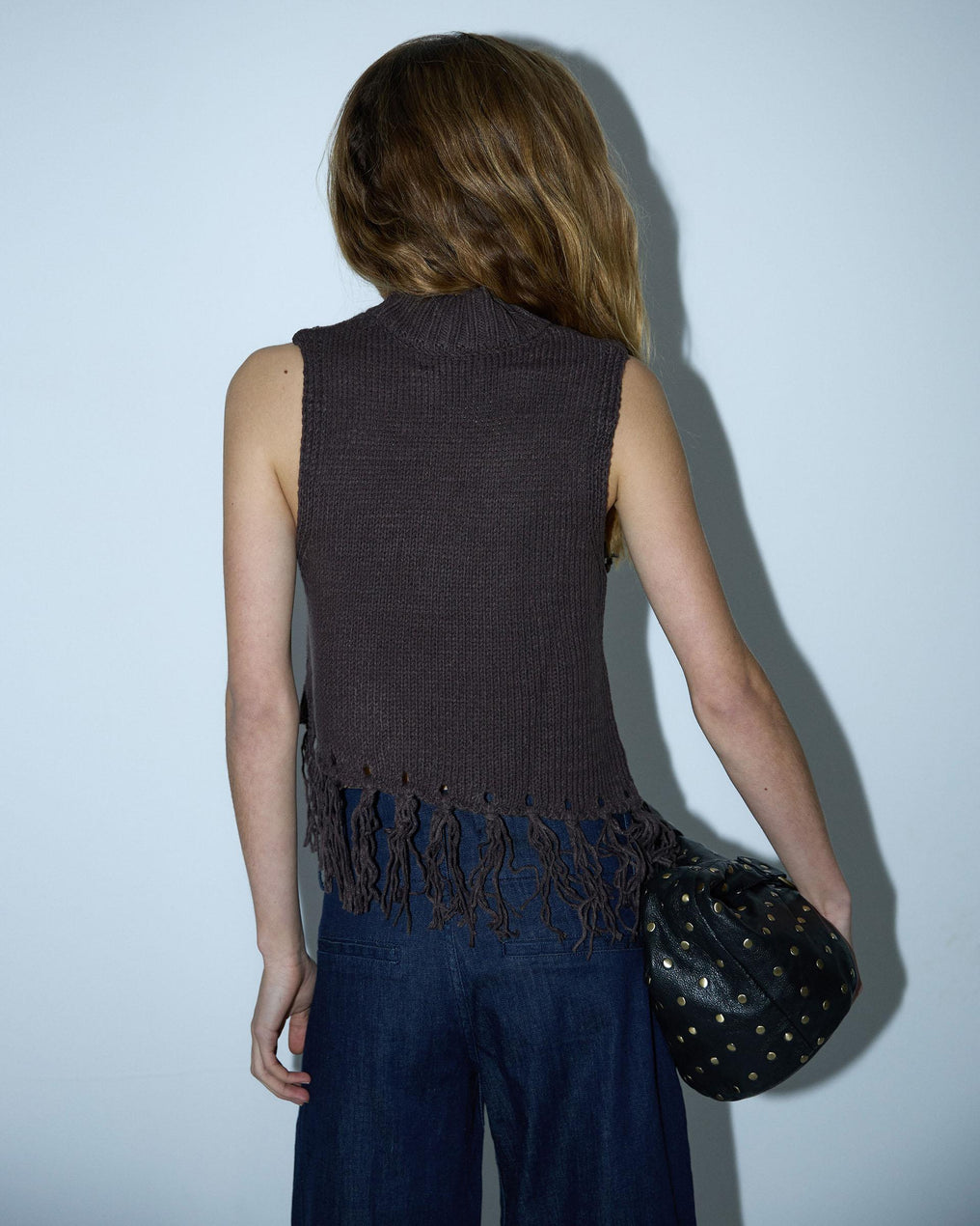 Brown Fringed Knit Vest