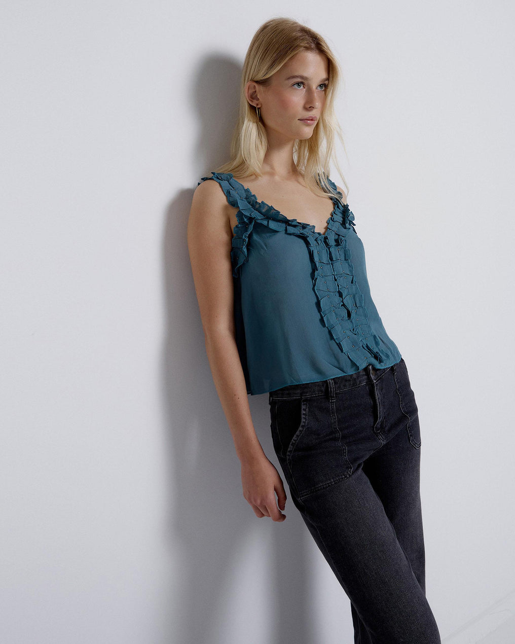 Blue V-Neck Top with Ruffle