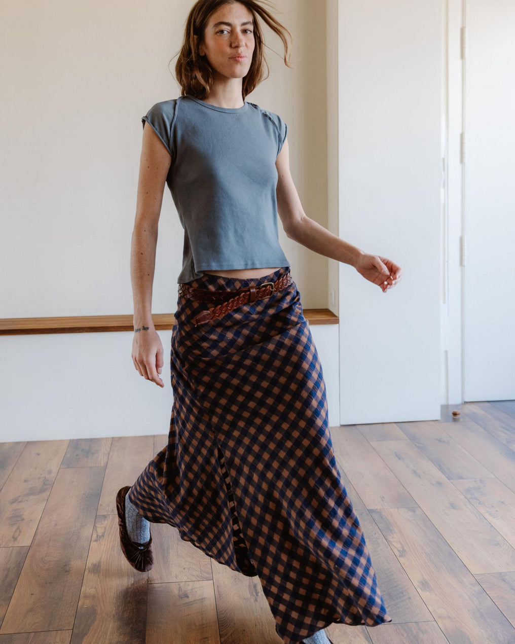 Falda Larga Cuadros Azul Marino