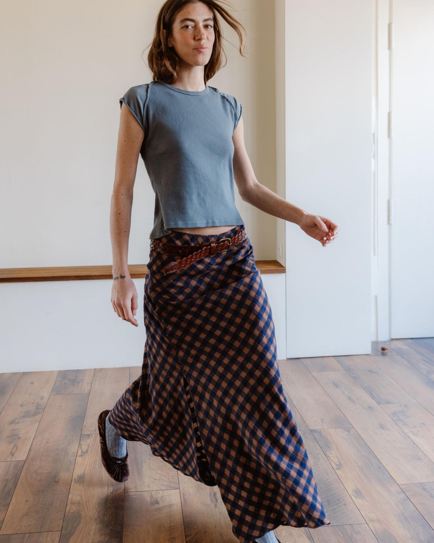 Falda Larga Cuadros Azul Marino