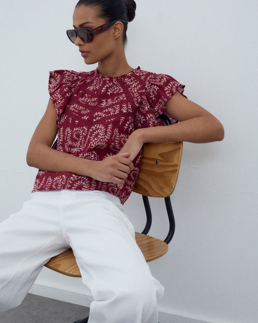 Short Sleeve Blouse with Ruffles and Lace Trim, Printed in Burgundy
