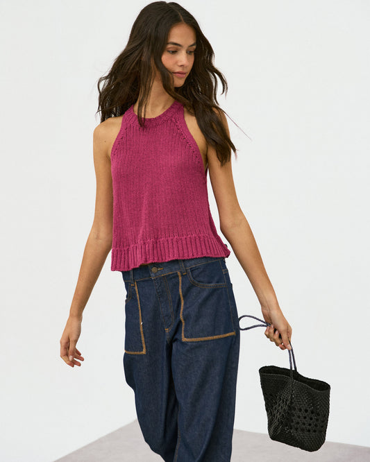 Top Punto Sin Mangas Cuello Redondo Rib Rosa