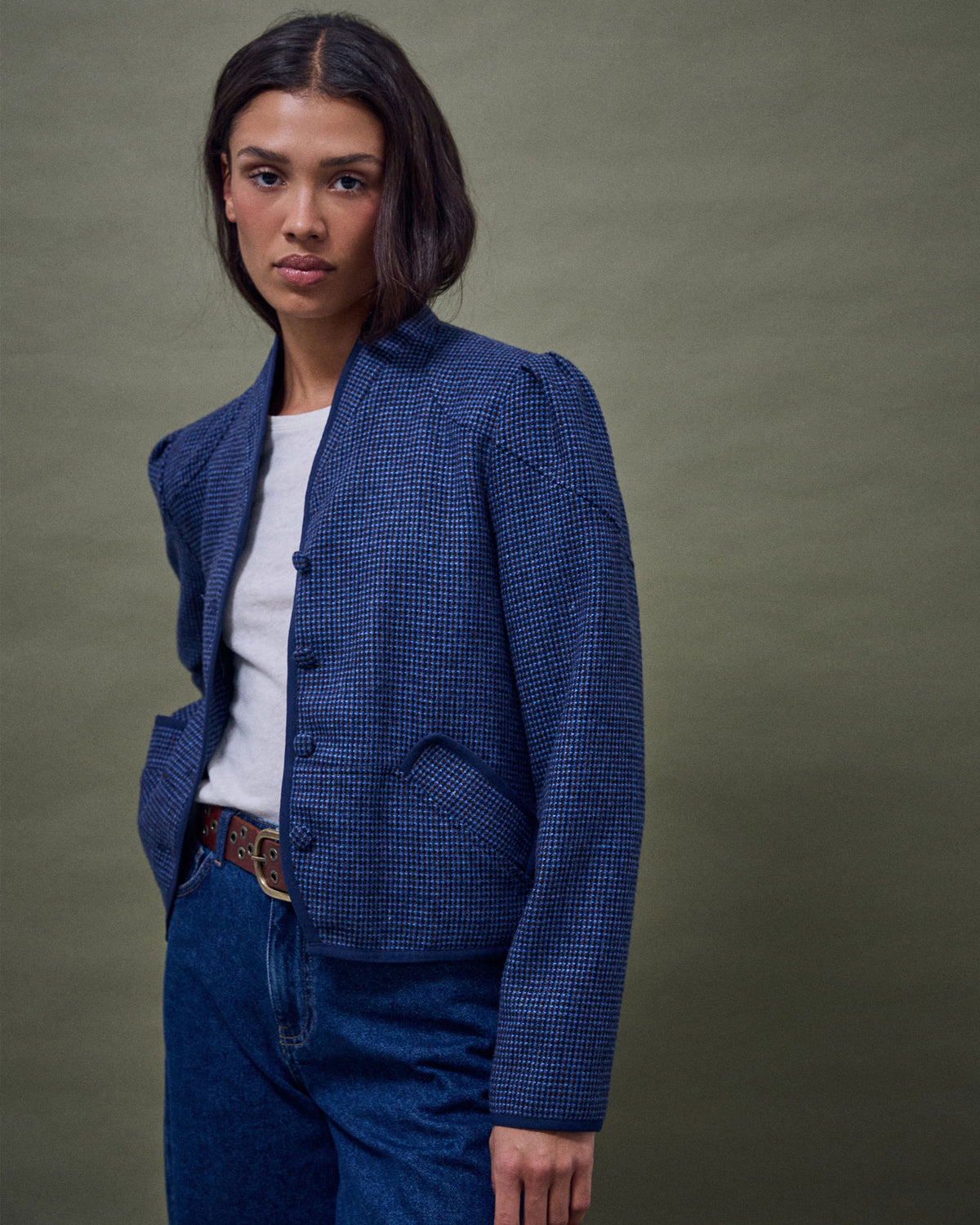 Chaqueta Ribete Contraste Mezcla Lana Azul