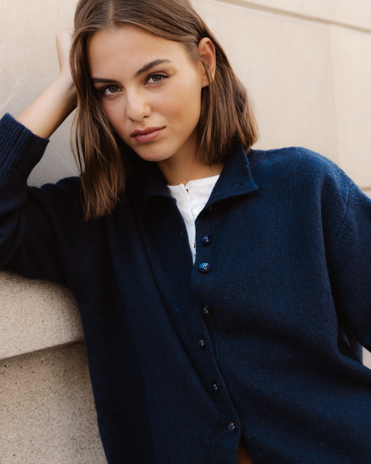 Cardigan Bleu Marine à Col Montant et Boutons
