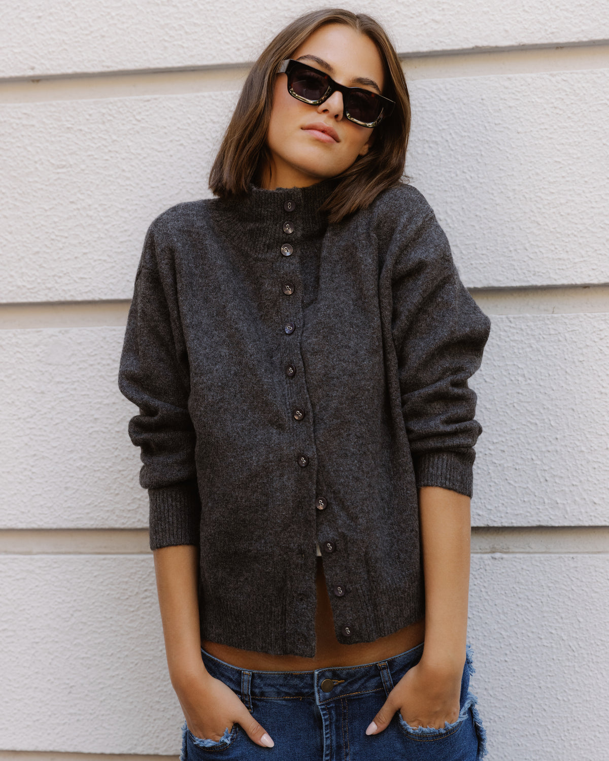 Cardigan Anthracite à Col Montant et Boutons