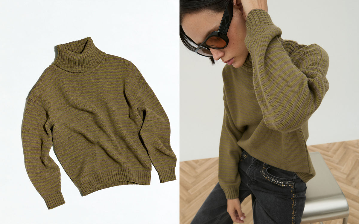 Pull Taupe à Col Roulé et Rayures