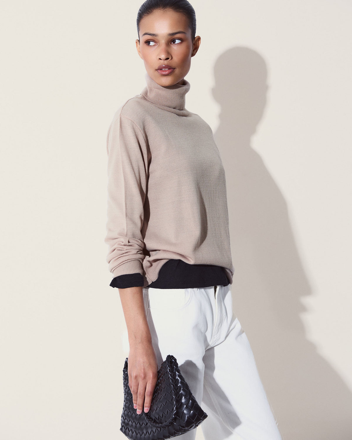 Jersey Punto Fino Cuello Vuelto Beige