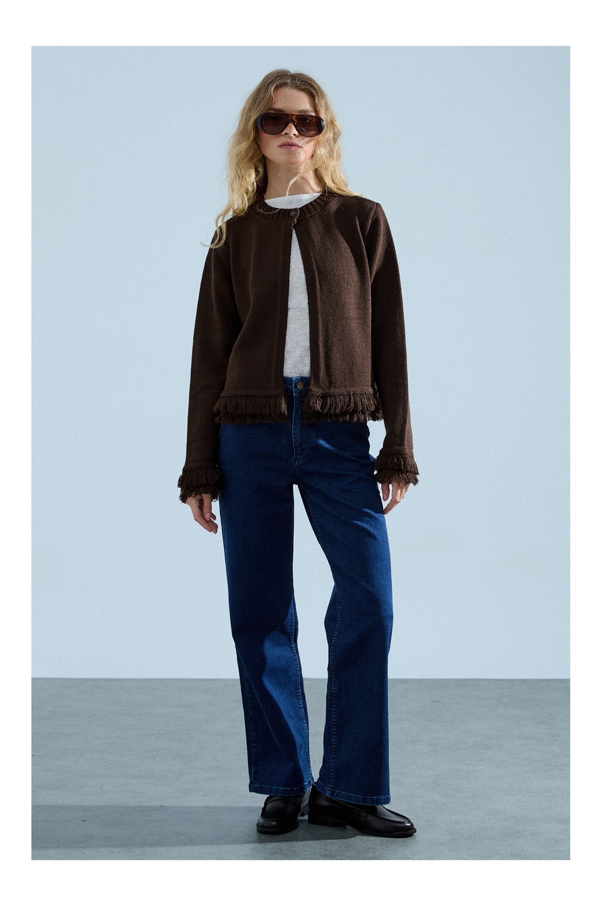 Chaqueta Punto Flecos Marrón