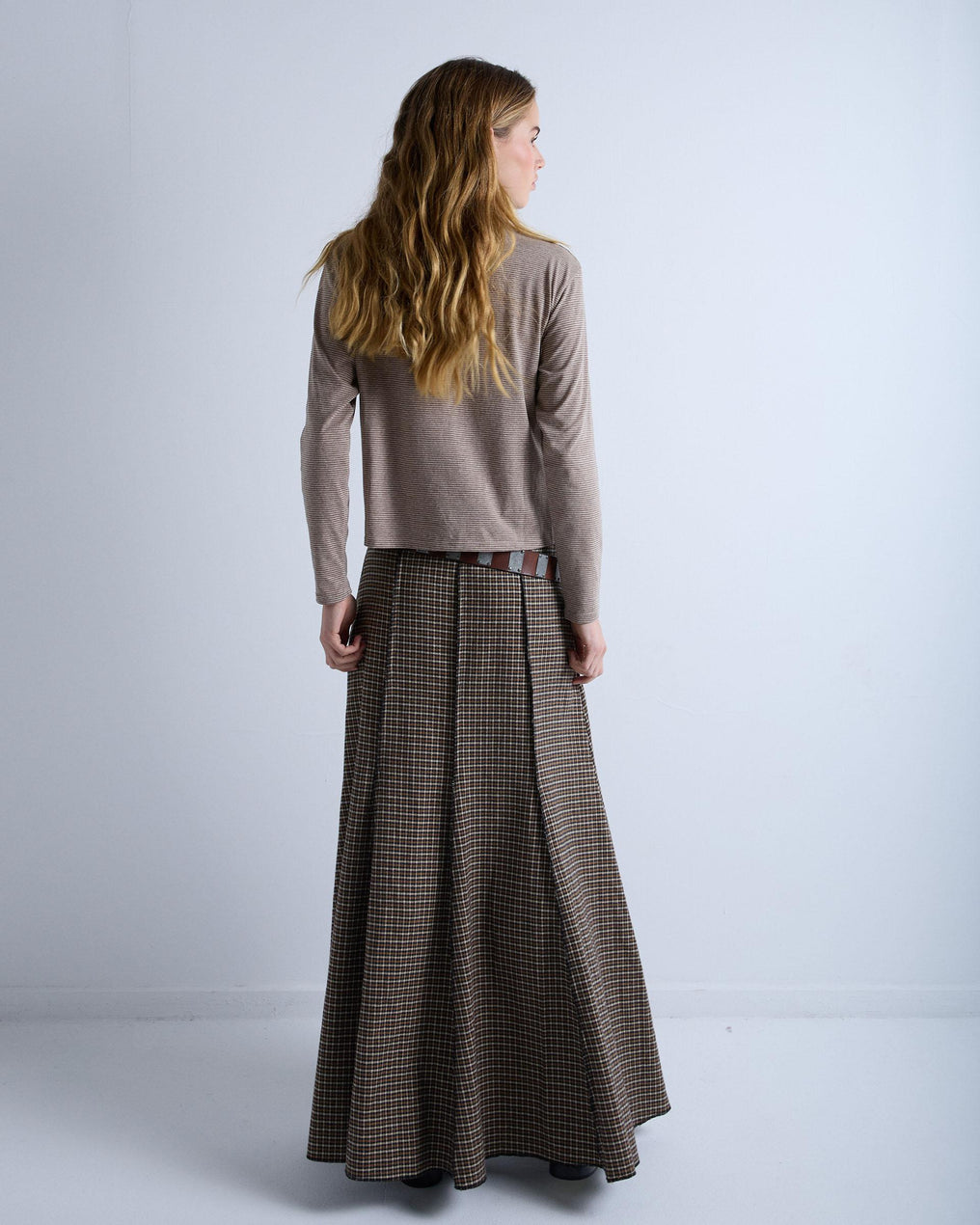 Long Skirt with Checkered Print in Brown