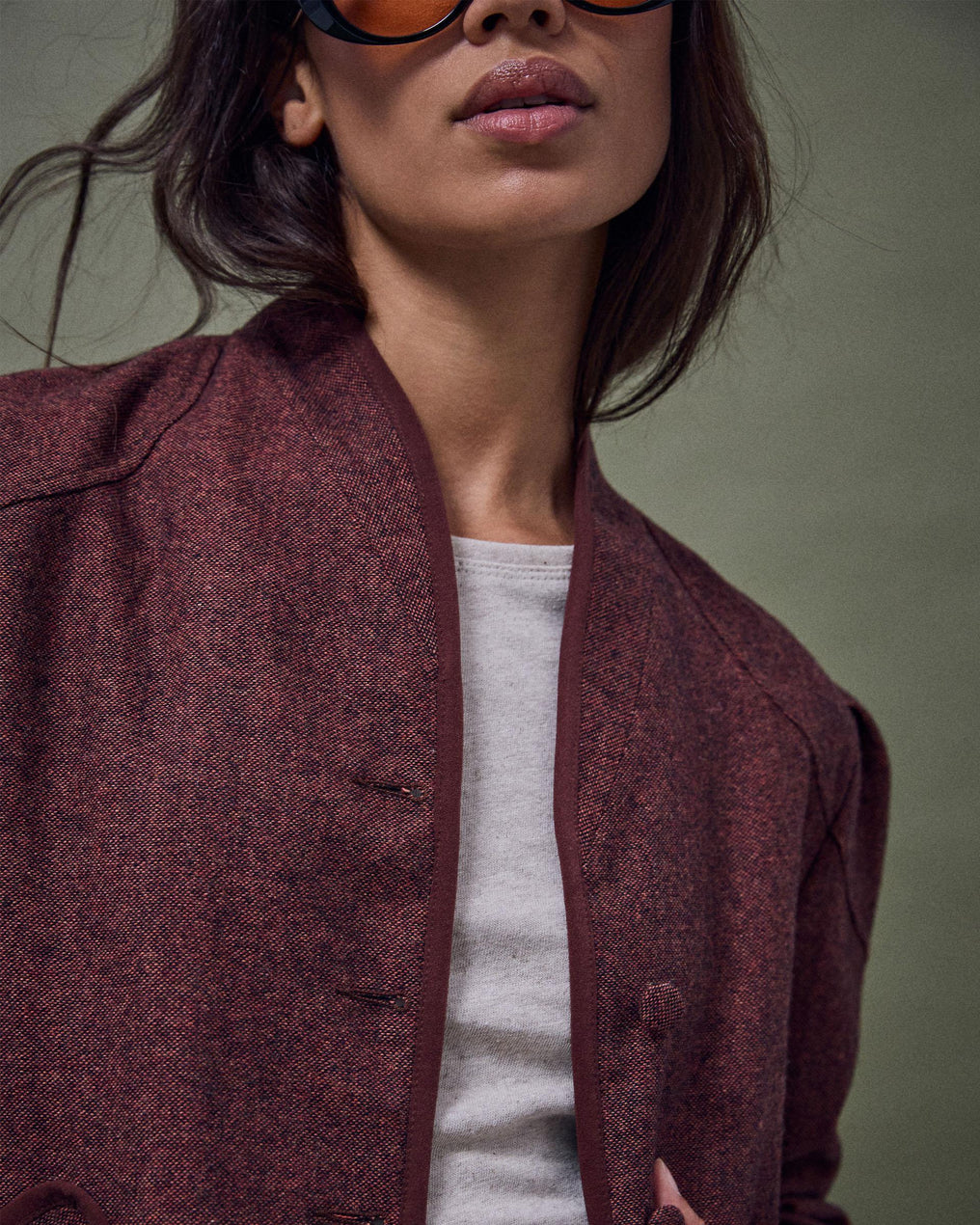 Chaqueta Ribete Contraste Mezcla Lana Teja