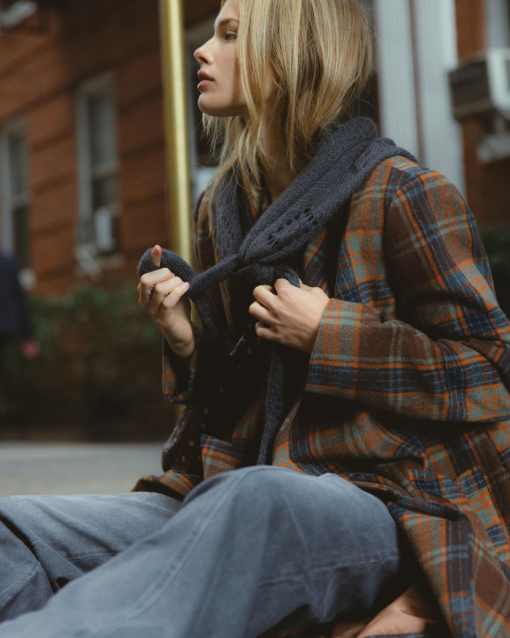 Long Coat with Lapel, Checkered Beige