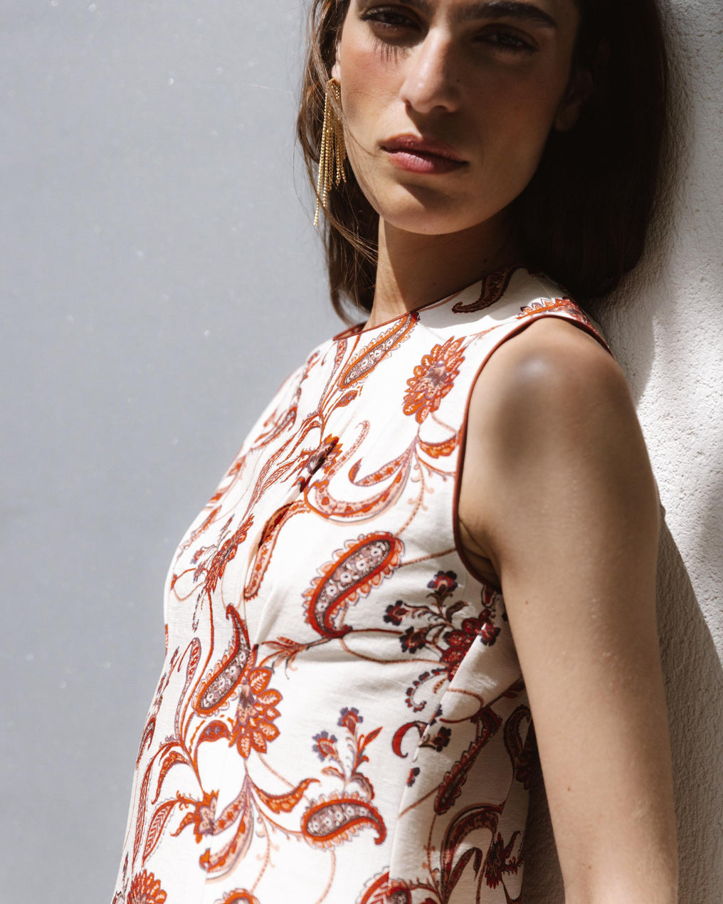 Robe sans Manches Imprimé Floral Écru