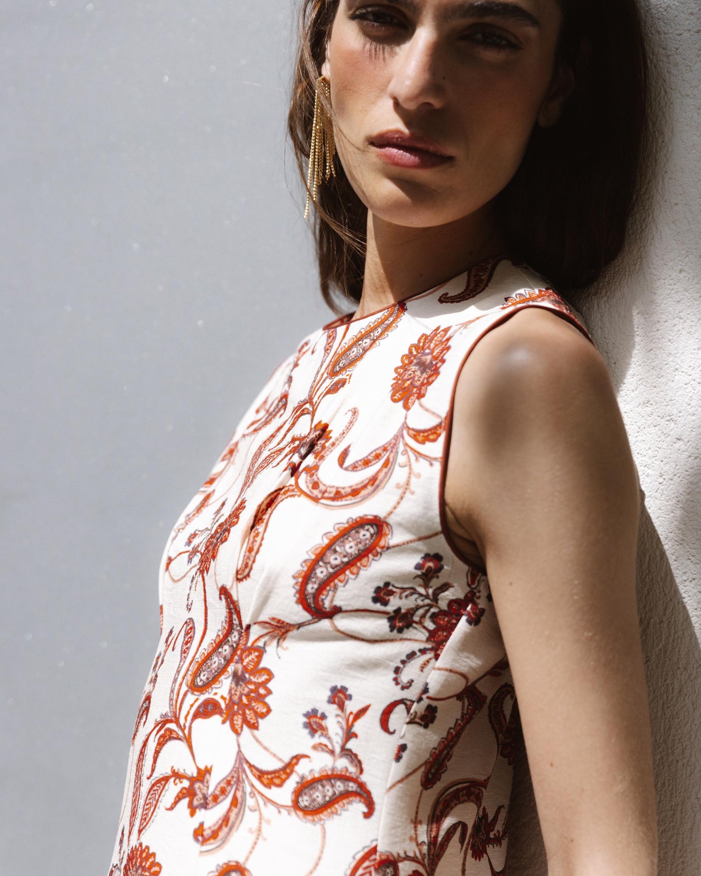 Robe sans Manches Imprimé Floral Écru