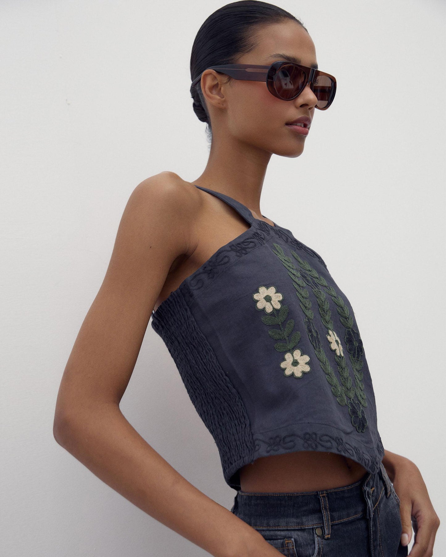 Top Halter Canvas Bordados Antracita