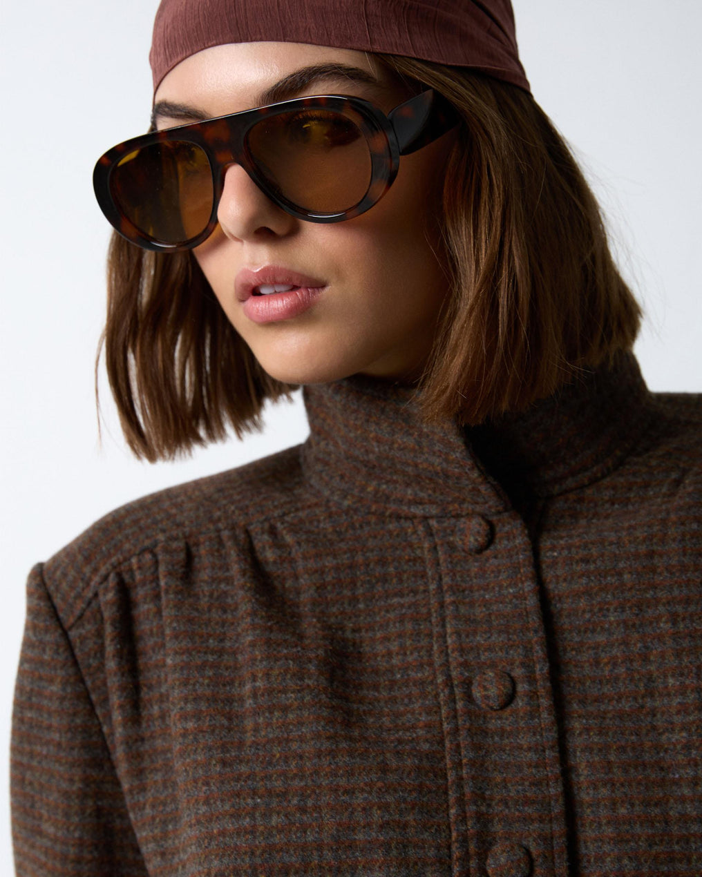 Chaqueta Bomber Canesú Cuadros Con Lana Marrón